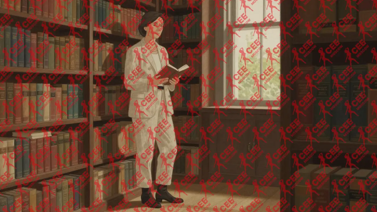 Женщина в льняном костюме держит книгу в библиотеке, её спокойное выражение лица символизирует культурную глубину.