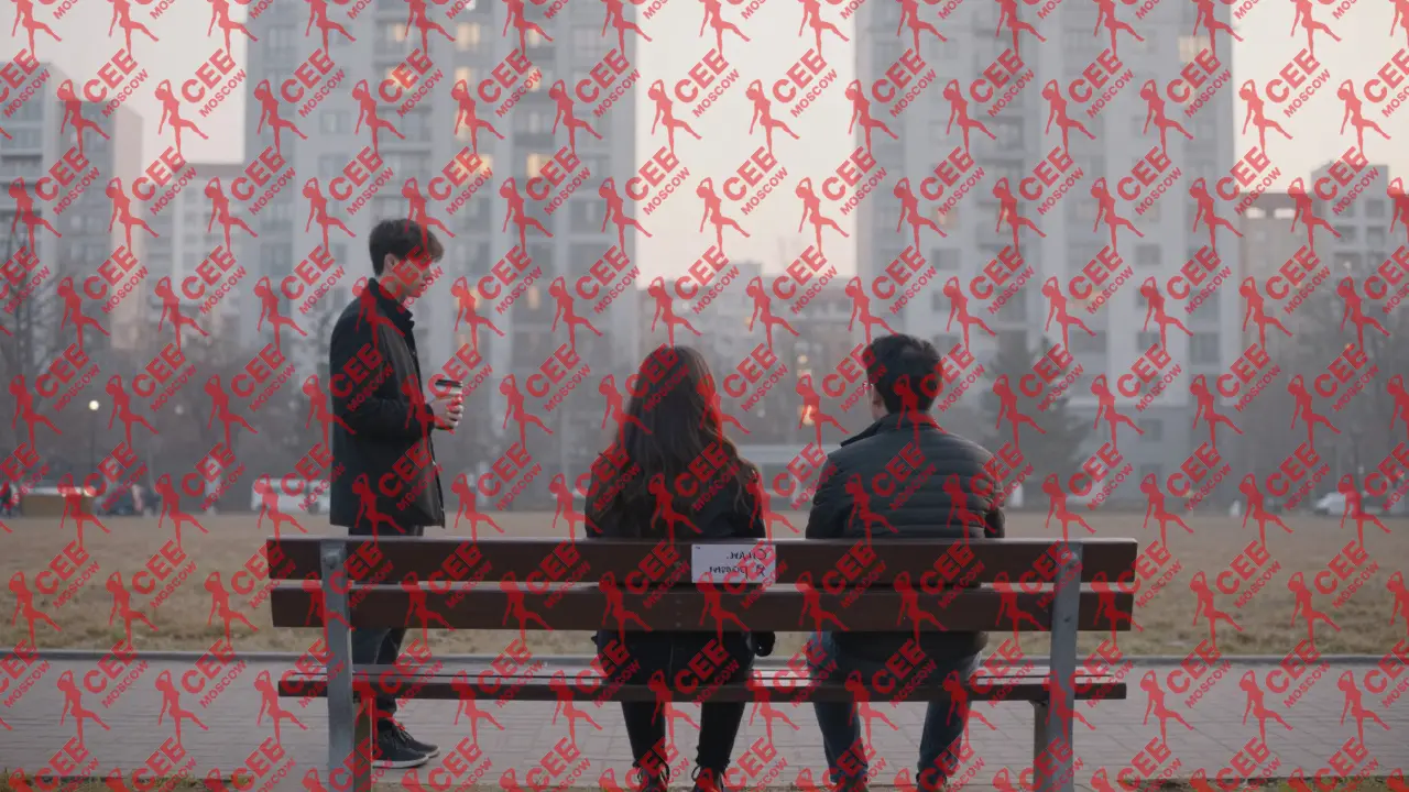 Трое людей в парке на рассвете, каждый со своей чашкой кофе, рядом &mdash; высотки.