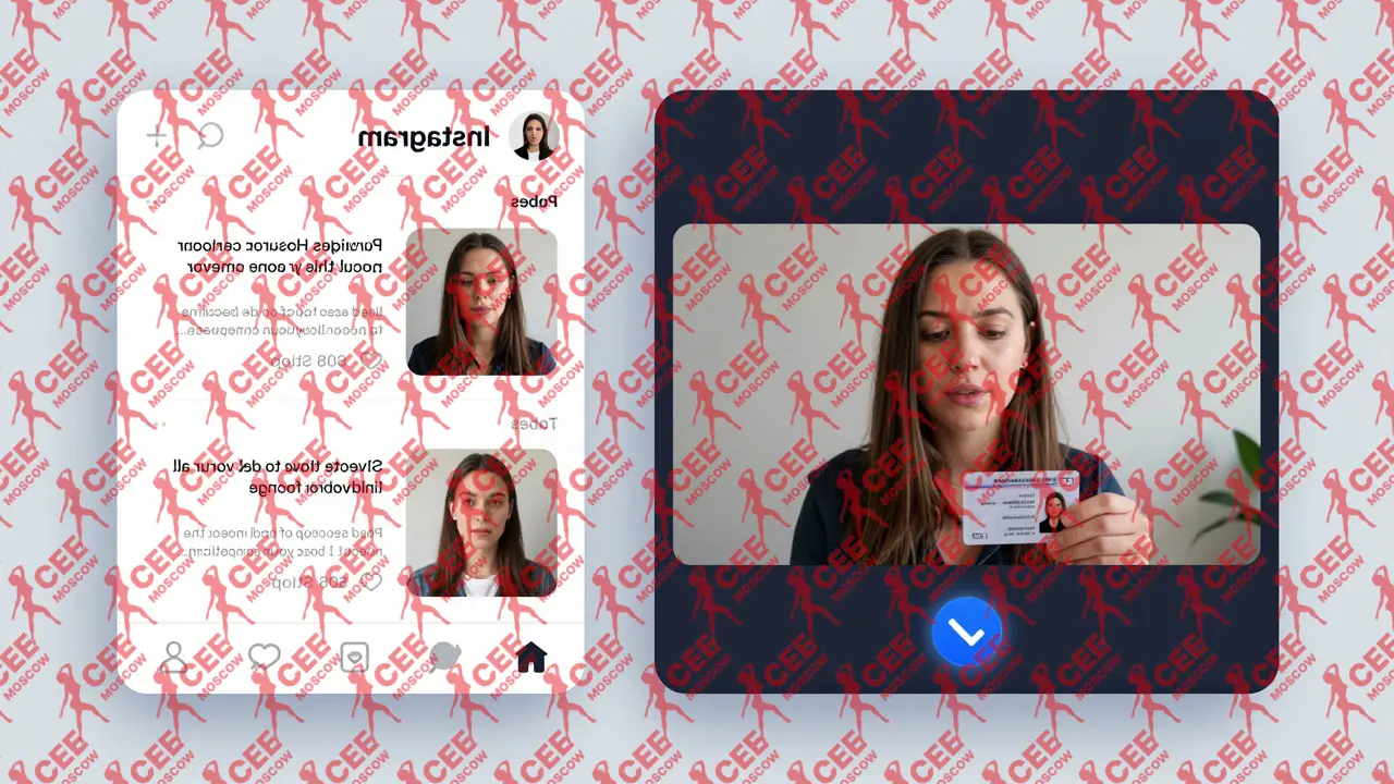 На экране два профиля: живой видеозвонок и публичные посты в Instagram, подтверждающие подлинность.