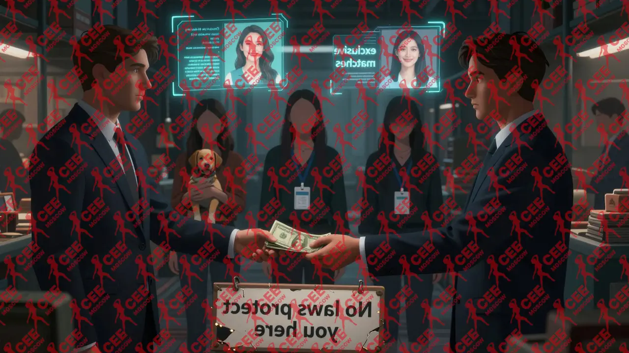 Мужчины платят за цифровые профили девушек, а настоящие женщины стоят в тени, их лица скрыты, над головой &mdash; ложные обещания.