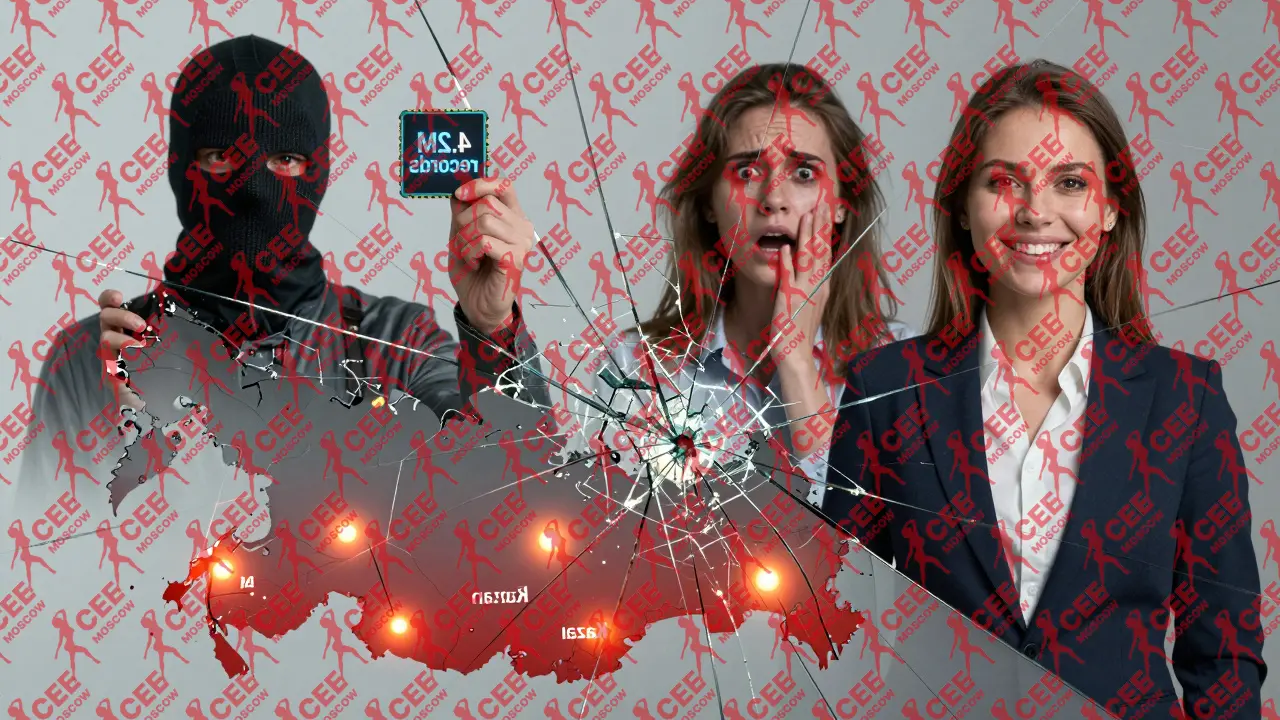 Разбитое цифровое зеркало, отражающее разные судьбы пользователей и утечку данных на карте России.
