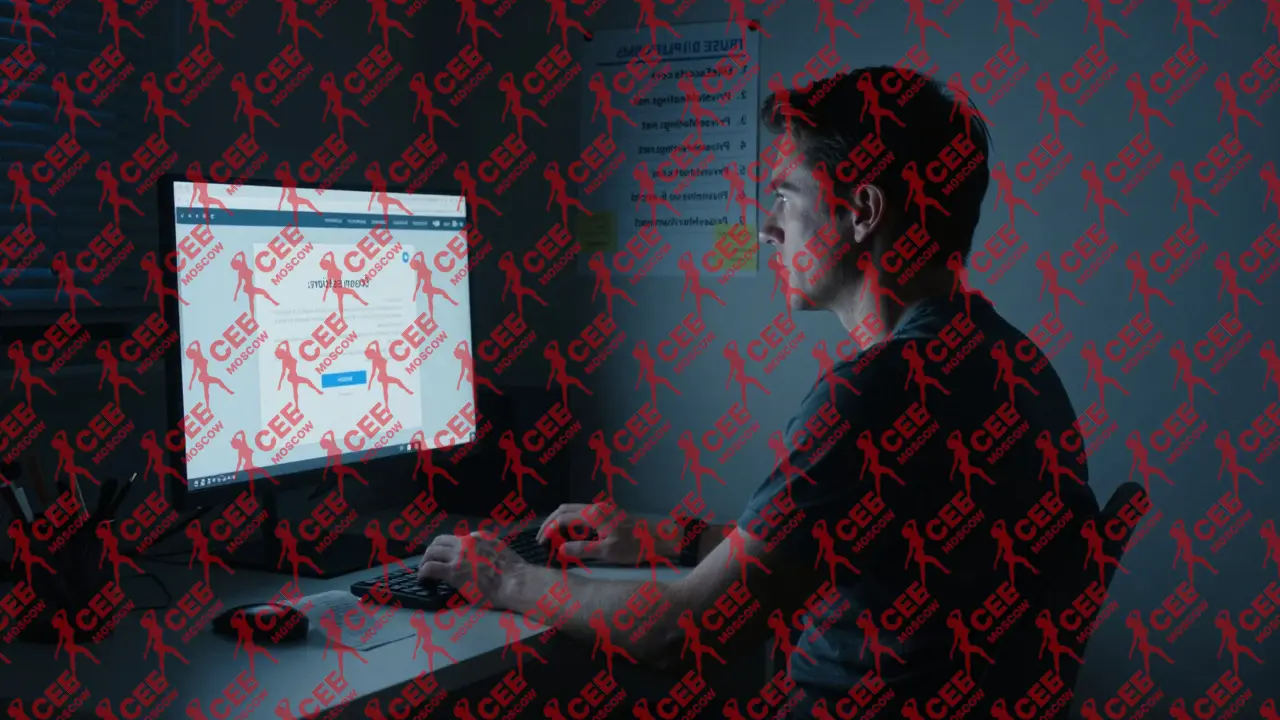 Мужчина смотрит на экран с сообщением об обмане, на стене &mdash; список проверенных сайтов, в корзине &mdash; чек.