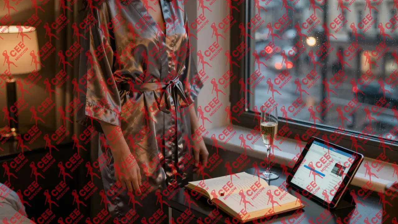 Интерьер роскошного отельного номера в Санкт-Петербурге: женщина у окна, на тумбочке &mdash; записная книжка с ценами и чашка шампанского.