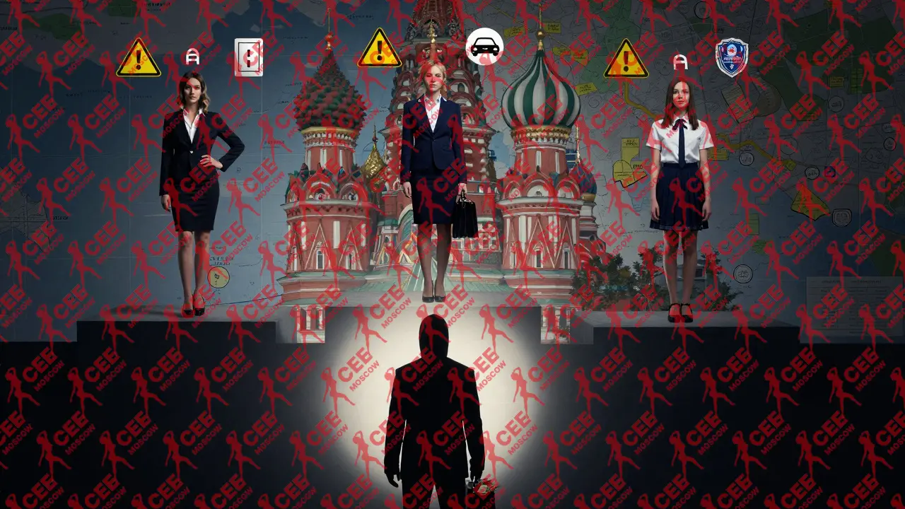 Три женщины на платформах над картой Москвы с ценами и символами рисков, один силуэт держит чемодан с деньгами.