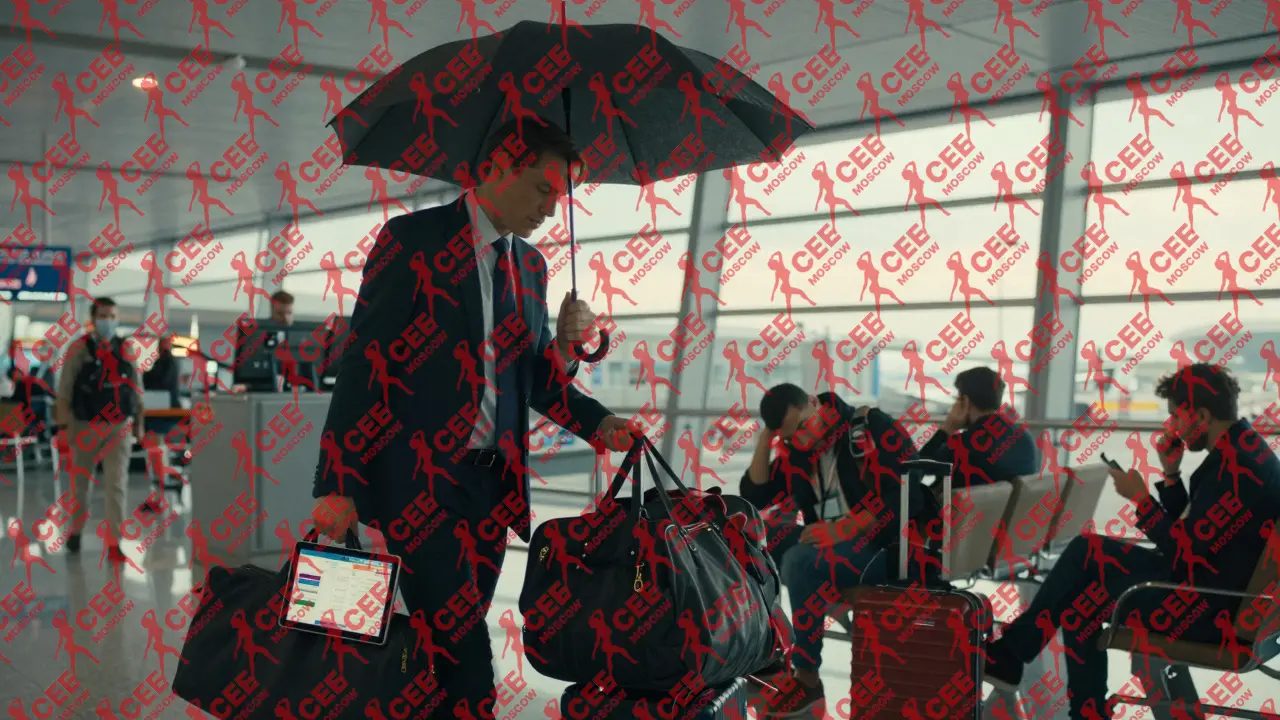 Сопровождающий защищает модель от папарацци в аэропорту на рассвете.