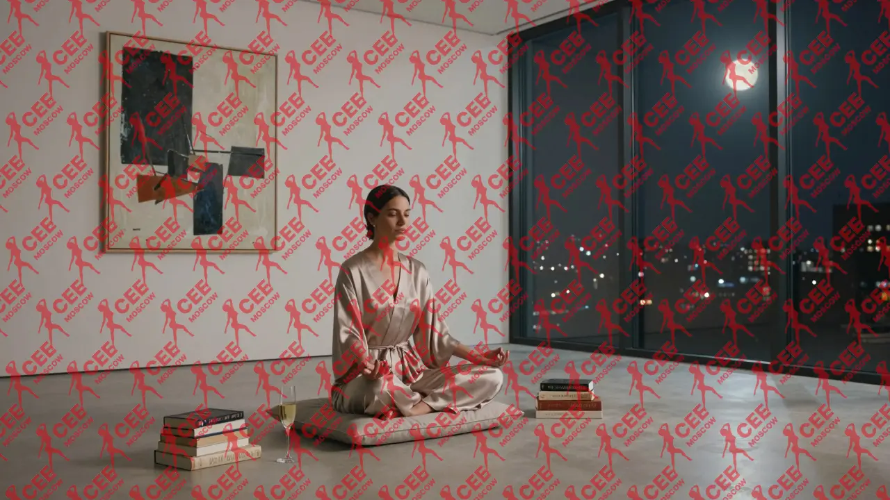 Женщина в медитации в спокойной комнате с книгами и искусством &mdash; пространство для восстановления внутреннего равновесия.