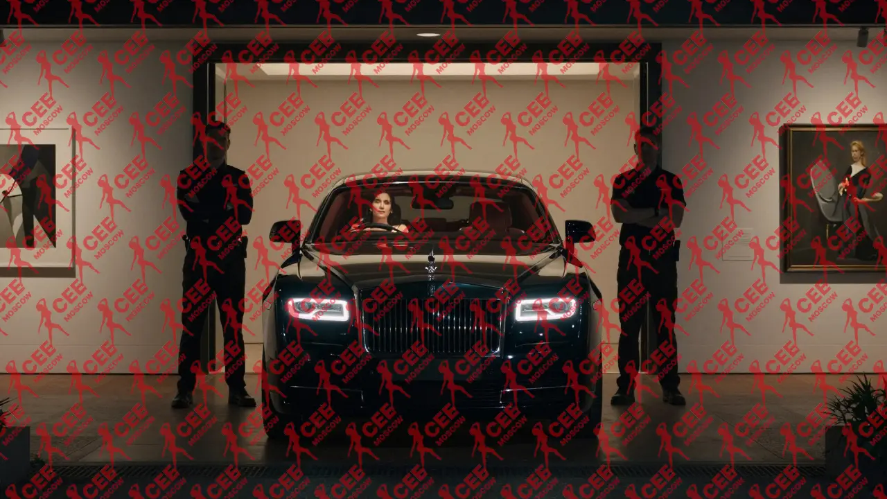 Черная машина у закрытого входа в галерею, телохранитель в тени &mdash; без намека на рекламу или идентификацию.